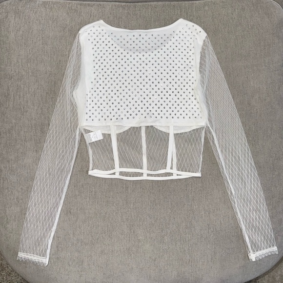 White Rhinestone Mesh Corset Crop Top - Picture 5 of 7